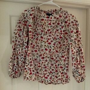 J. Crew White Floral V-Neck Blouse with Red and Yellow Flowers